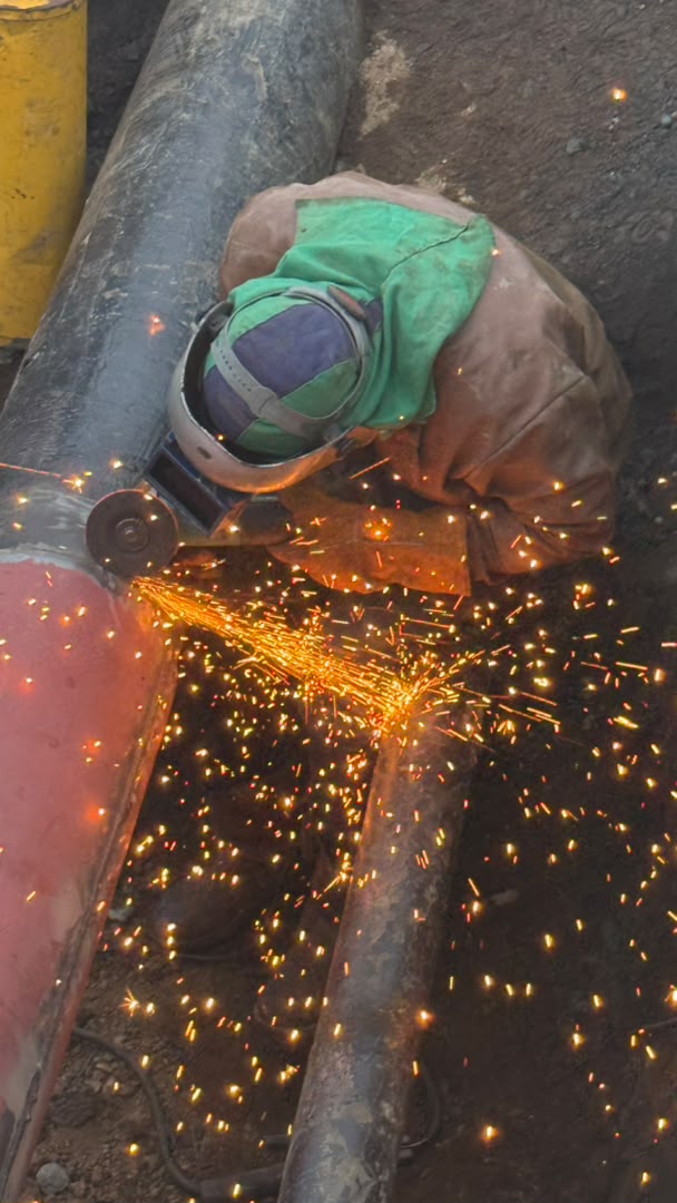 Operario preparando la junta de una tubería, con chispas